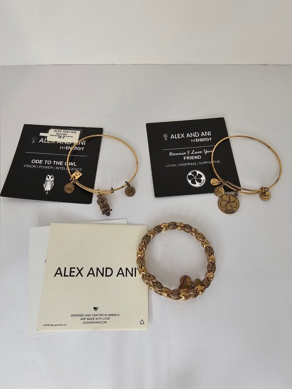 Alex and Ani #3 Gold Tone, Ode to the Owl, Friend Charm & Woven Bracelet Bangles
